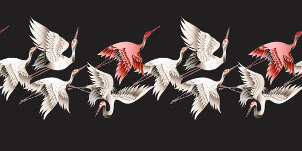 ilustraciones, imágenes clip art, dibujos animados e iconos de stock de frontera sin costuras con grúa blanca japonesa en estilo batik. ilustración de vector. - traditional culture heron bird animal