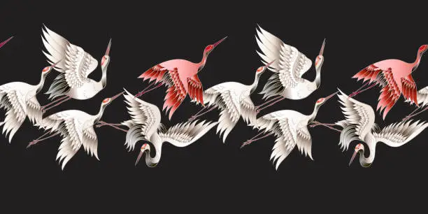 Vector illustration of Seamless border with Japanese white crane in batik style. Vector illustration.