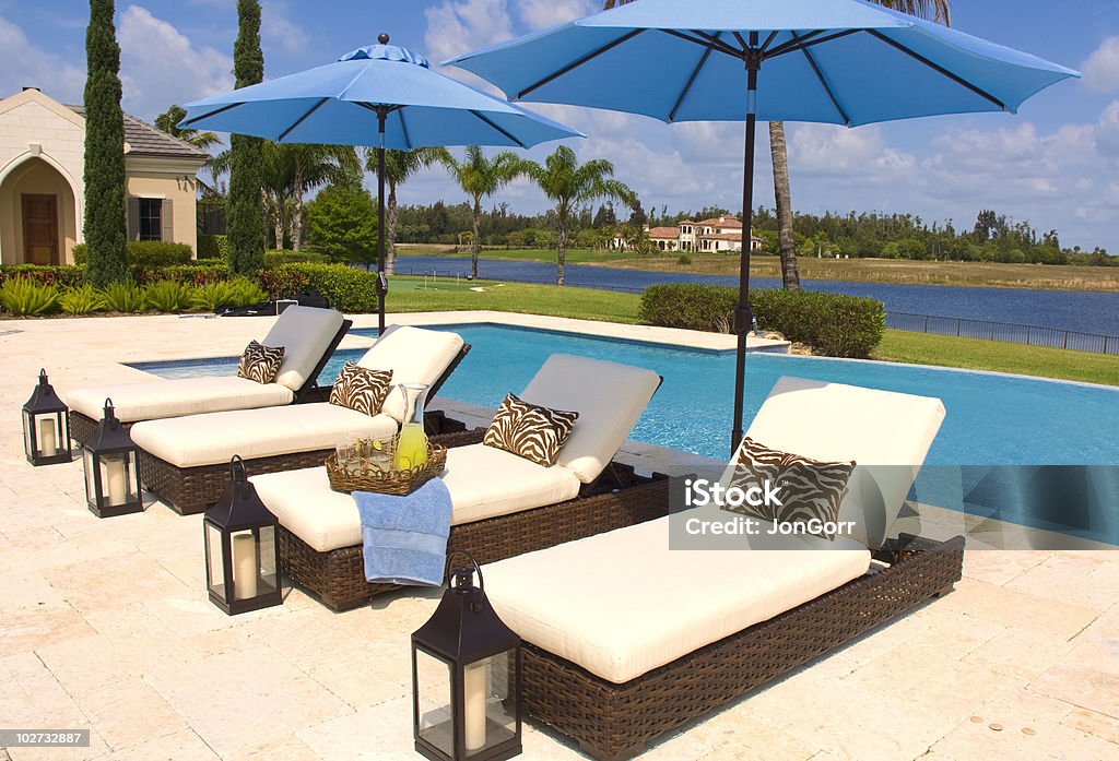 Tropical Poolside Recliners And Umbrellas  Color Image Stock Photo