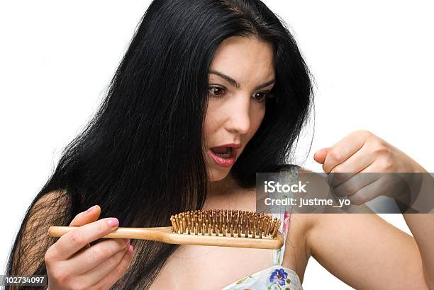 Woman Losing Hair On Hairbrush Stock Photo - Download Image Now - Hair Loss, Adult, Adults Only