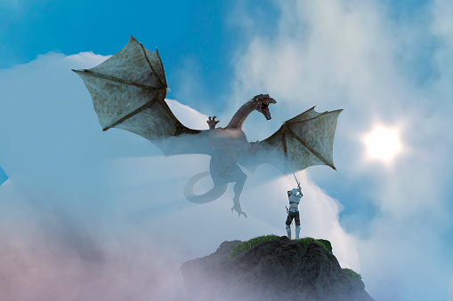 3D Illustration of a knight fighting dragon, dragon versus man
