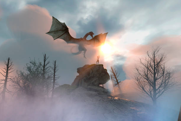 illustrazione 3d di un cavaliere che combatte drago, drago contro uomo - fantasy flying dragon monster foto e immagini stock