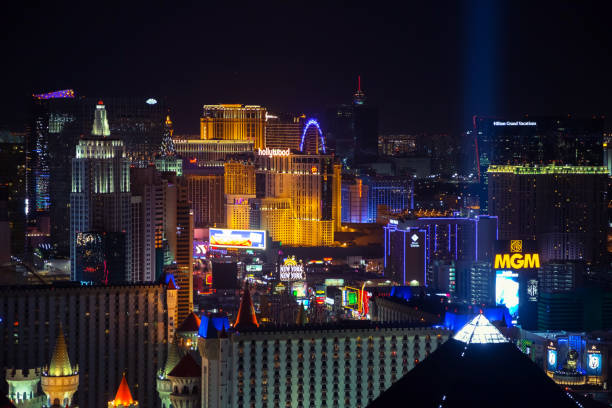Panoramic aerial view of Las Vegas strip at night Las Vegas, USA - April 2018: Panoramic aerial view of the Las Vegas strip with casinos and hotels at night. Night view of Las Vegas from the hotel window. las vegas metropolitan area luxor luxor hotel pyramid stock pictures, royalty-free photos & images