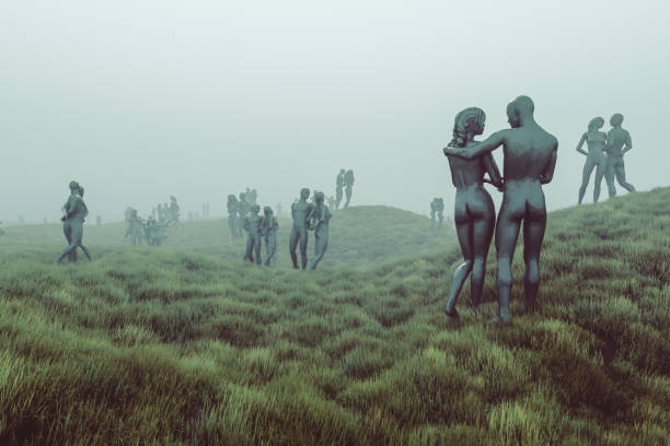 istock Fantasy surreal couples dancing on foggy meadow 1027365290