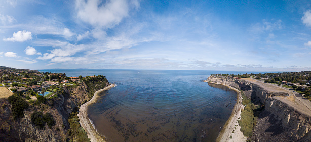 Aerial drone shot panorama of Palos Verdes Peninsula and adjacent neighborhoods in Southern California.