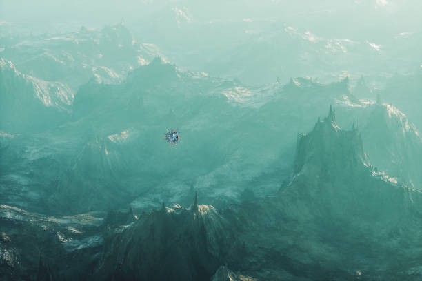 istock Flying UFO over alien rocky landscape 1027369580