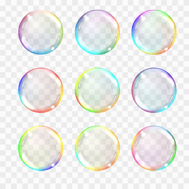 Set of multicolored transparent glass spheres. Transparency only in vector format. Can be used with any background. Realistic vector illustration. Set of multicolored transparent glass spheres. Transparency only in vector format. Can be used with any background. Realistic vector illustration. froth decoration stock illustrations