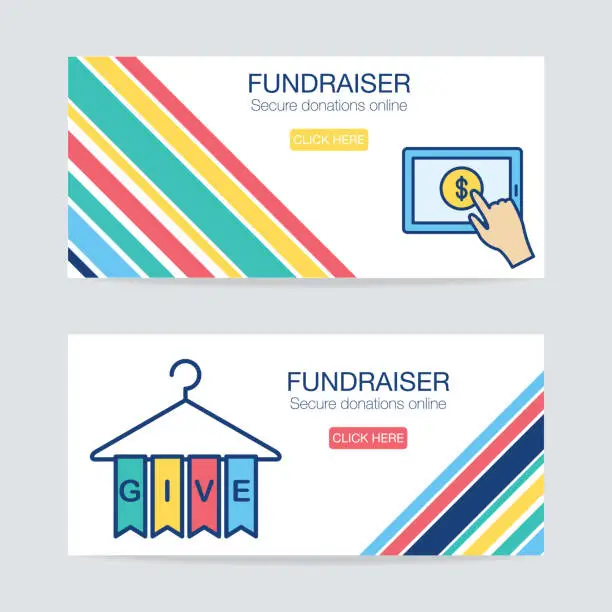 Vector illustration of Charity And Donation Thin Line Icon On Brightly Colored Banner