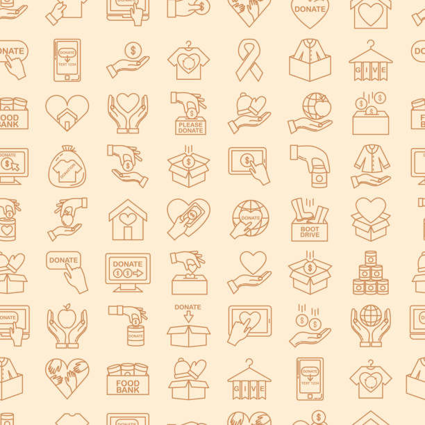 Charity And Donation Thin Line Icon Seamless patttern Icon in thin line flat design style for charity and donation concept repeating background pattern food bank vector stock illustrations