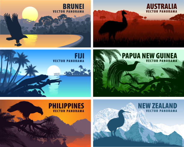 ilustraciones, imágenes clip art, dibujos animados e iconos de stock de panorama de vector de filipinas, australia, nueva zelanda, brunei darussalam y papua nueva guinea - marine iguana