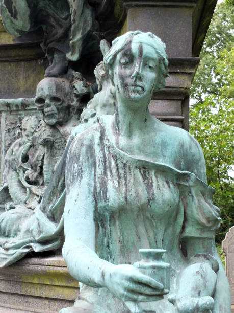istock old bronze gothic style graveyard statues with mourning woman holding jars and pot representing a lethal substance in front of an arrangement of a skull with a poisonous snake 1027382462