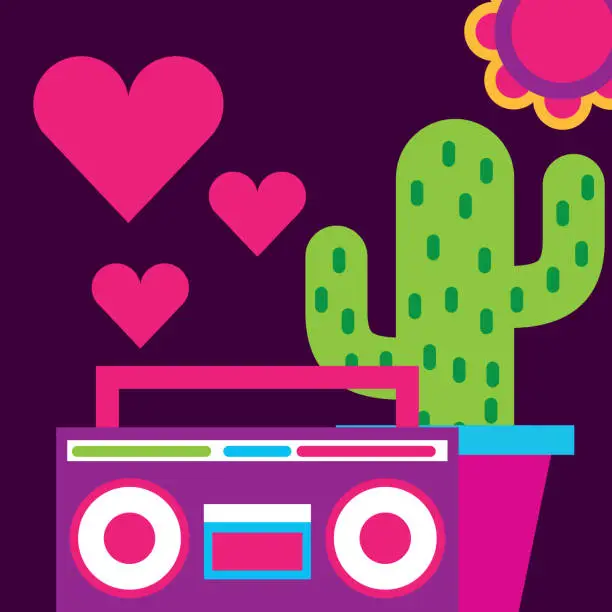 Vector illustration of stereo radio potted cactus hearts love flower free spirit