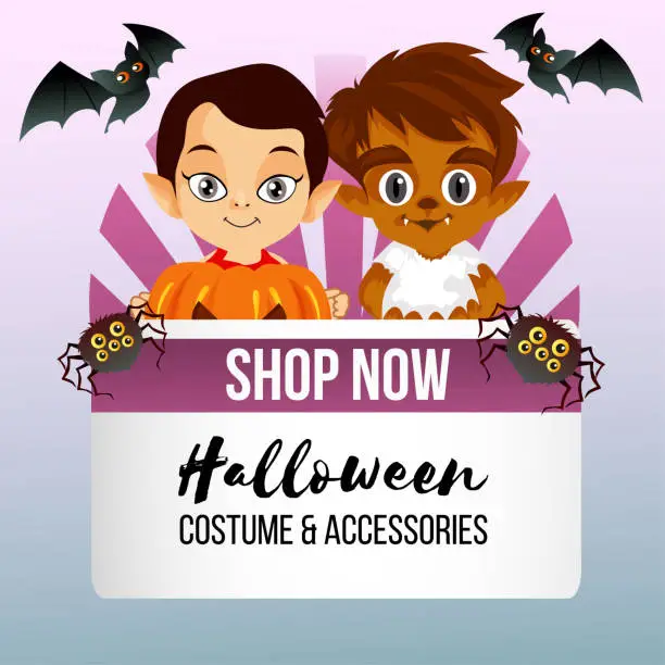 Vector illustration of halloween theme shop with little witch costume