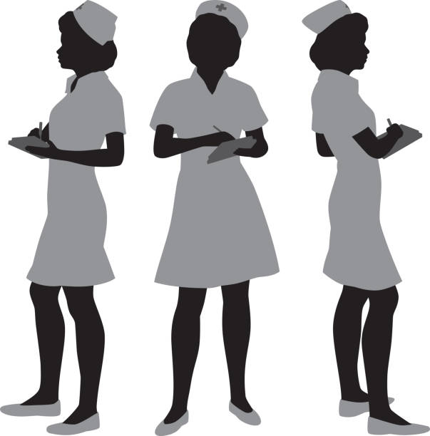 Nurse Silhouettes Vector silhouettes of a female nurse from three different angles. nurses cap silhouette stock illustrations