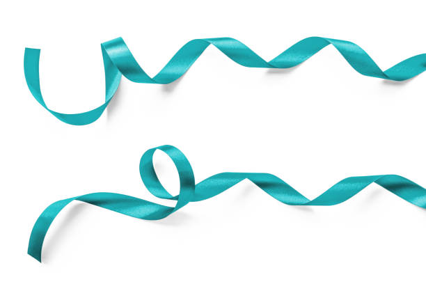 teal green ribbon satin curly bow color (isolated with clipping path) on white background for holiday decoration element - ribbon curled up hanging christmas imagens e fotografias de stock