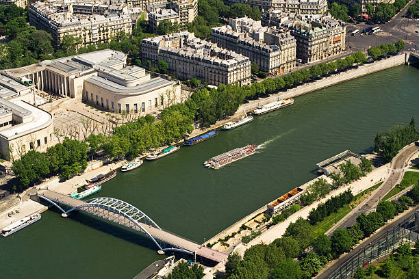 Bridge and ship on Seine, Paris stock photo