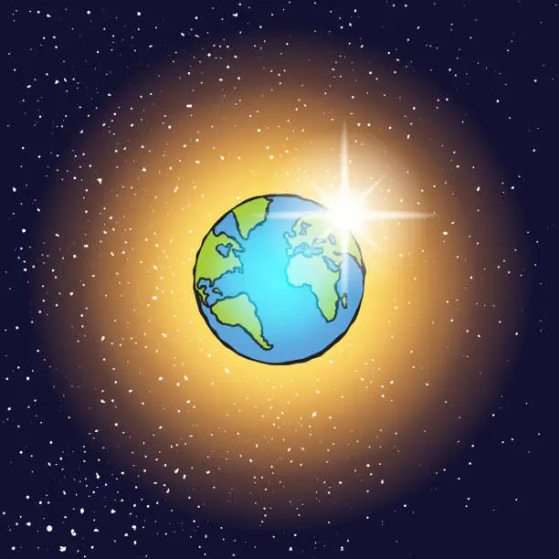 Vector illustration of Christian Seven Days of Creation concept. Day Four, the stars, the sun and the moon. Genesis. Bible creation story. Earth illustration cartoon with sun and stars behind in dark space. Vector.