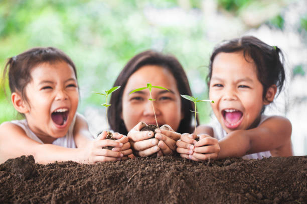 felice famiglia madre e figlia divertirsi a tenere giovane albero in mano per piantare - planting tree human hand women foto e immagini stock