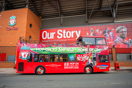 Liverpool, UK - May 17 2018: LFC City Explorer is a sightseeing Liverpool tour bus which lets people discover the city's rich football historyb to the iconic Anfield straight from the city centre