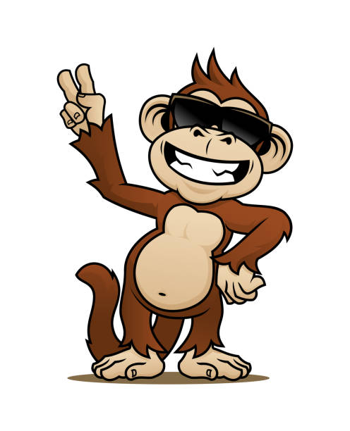 Happy monkey character in sunglasses showing V-sign Cartoon laughing monkey character in sunglasses showing V-sign with his fingers ape stock illustrations
