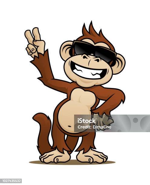 Happy Monkey Character In Sunglasses Showing Vsign Stock Illustration -  Download Image Now - iStock