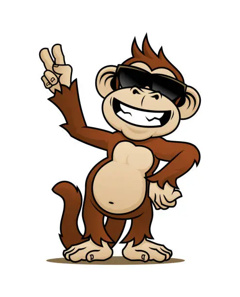 Vector illustration of Happy monkey character in sunglasses showing V-sign