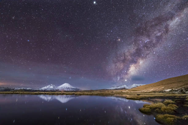 The great "Nevados de Payachatas" with the Pomerape and Parinacota Volcanoes, left and right respectively and the Milky Way galactic core rising from the East over Cotacotani Lagoon waters, Arica, Chile Lauca National Park is an amazing destination on the Atacama Desert north extreme at the border with Peru and Bolivia. Located at 4,500 masl it is amazing to see it high altitude lagoons and the amazing views over Parinacota Volcano a perfect volcanic cone visible almost from all the National Park Atacama Desert stock pictures, royalty-free photos & images