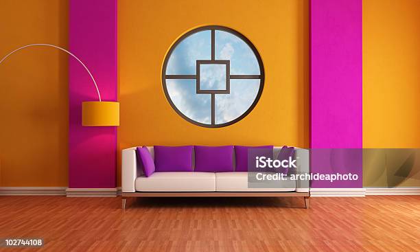 Purple And Orange Lounge Stock Photo - Download Image Now - Circle, Apartment, Color Image