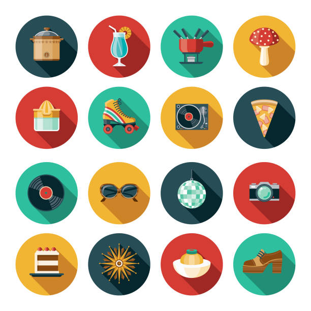 ilustrações de stock, clip art, desenhos animados e ícones de 1970s flat design icon set - food staple audio