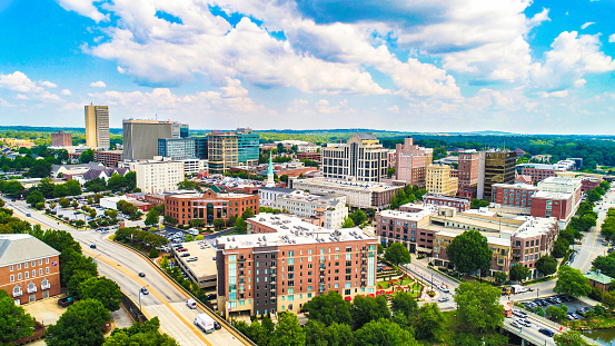 Drone Aerial of the Downtown Greenville, South Carolina SC Skyline