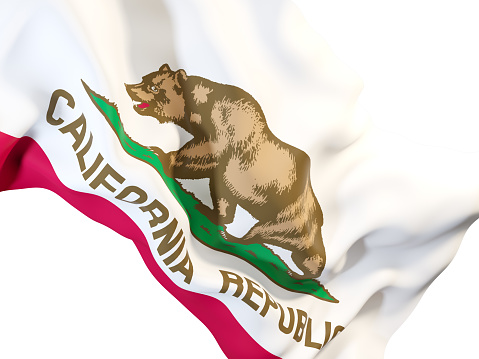 Flag of california with banner, US state round icon isolated on white. 3D illustration