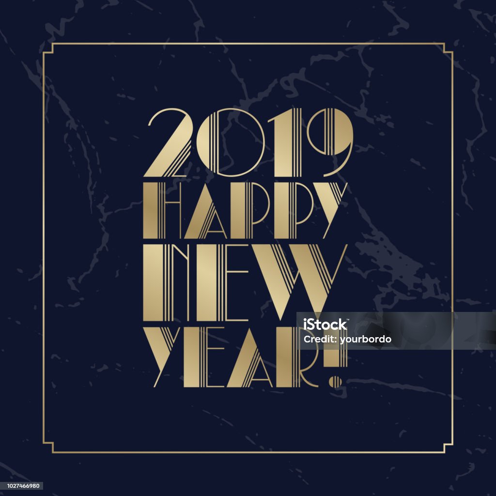 Text Happy New Year 2019 Golden Art Deco Font. Christmas Greeting Card or New Year Eve Invitation Design Element. Vector Illustration EPS10. Art Deco stock vector