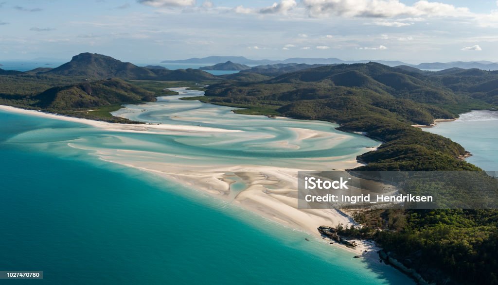 Aerial view of Australia Flying over The Whitsunday Islands,Queensland,Australia. Whitehaven Beach Stock Photo