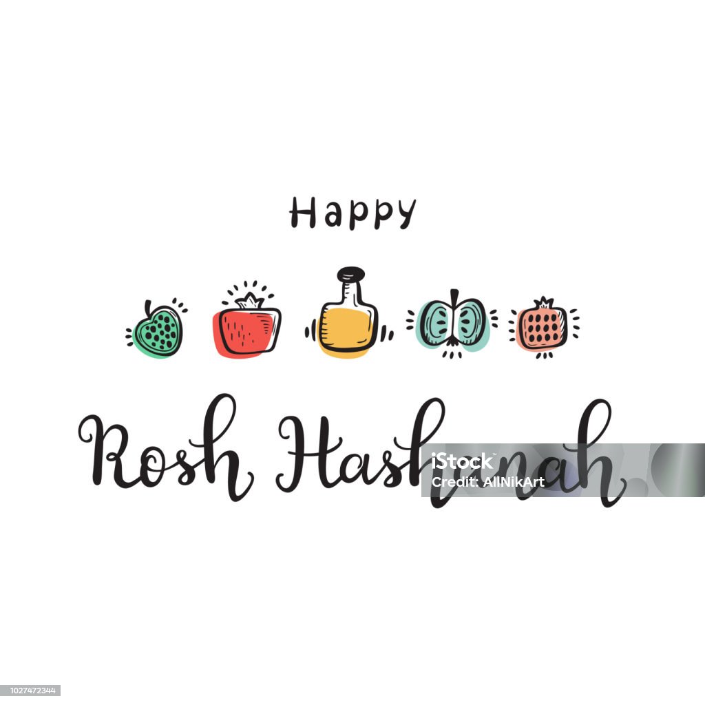 Jewish New Year Holiday. Concept of Happy Shana Tova. Rosh Hashanah Greeting Card. Hand Drawn Lettering and Doodle Fruits. Pomegranate Fruit, Apples and Honey Jar. Vector Festive Background Rosh Hashanah stock vector