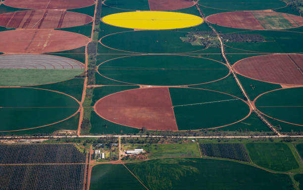 Aerial view of Australia Flying over the Pivot irrigation in the Murray  Darling Basin,Victoria,Australia. murray darling basin stock pictures, royalty-free photos & images