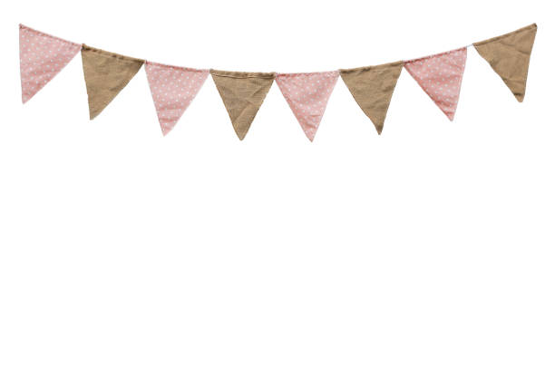 istock Hanging party flags decorations with copy space isolated on white background, Design vintage items for festival. 1027480068