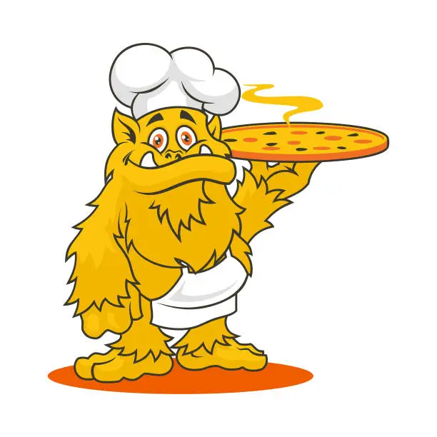 Vector illustration of Monster character in chef hat and apron with hot pizza - vector mascot for pizzeria
