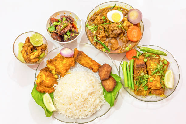 indian meal with rice fish fry mutton meat food with side dishes - non veg imagens e fotografias de stock