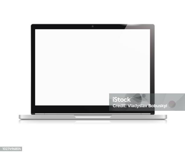 Realistic Open Laptop Notebook With White Blank Screen Isolated On Background Can Use For Template Project Presentation Or Banner Electronic Gadgets Device Mock Up Vector Illustration Stock Illustration - Download Image Now