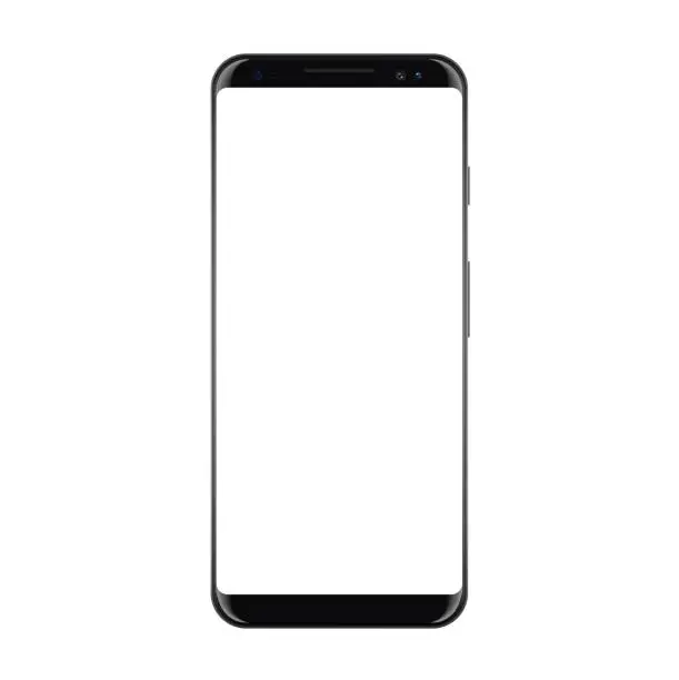 Vector illustration of New High Detailed Realistic Smartphone Isolated on white Background. Display Front View. Frameless Device similar to galaxy s Mockup Separate Groups and Layers. Easily Editable Vector. EPS 10.