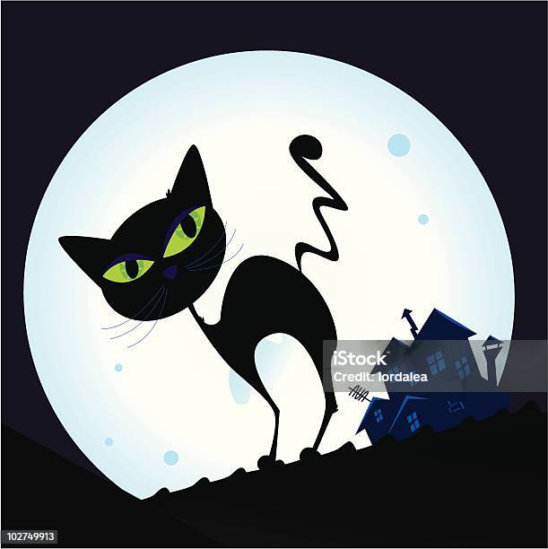 Black Cat Silhouette In Night Town Stock Illustration - Download Image Now - Domestic Cat, Town, Undomesticated Cat