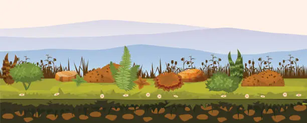Vector illustration of Soil and land with different types of vegetation, grass, foliage landscape, for development of ui games, applications, vector cartoon style, isolated