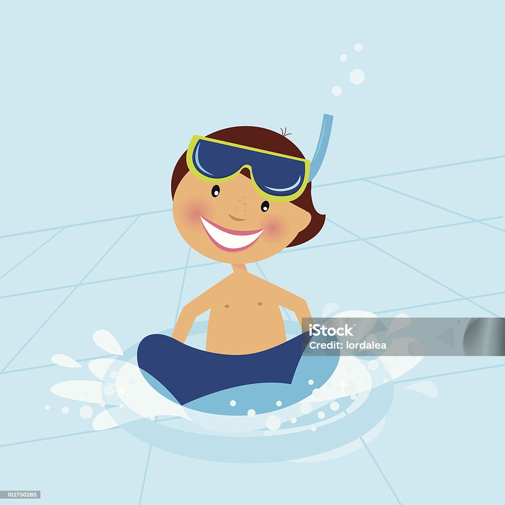 Piccolo ragazzo di nuoto in acqua piscina - arte vettoriale royalty-free di 8-9 anni