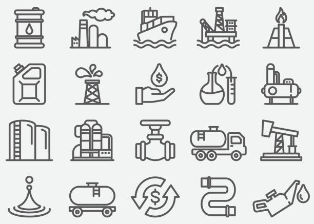 ilustraciones, imágenes clip art, dibujos animados e iconos de stock de iconos de línea de la industria de aceite - gasoline fossil fuel dollar sign fuel and power generation