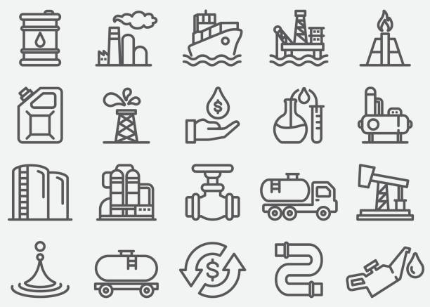 stockillustraties, clipart, cartoons en iconen met olie industrie lijn pictogrammen - container ship