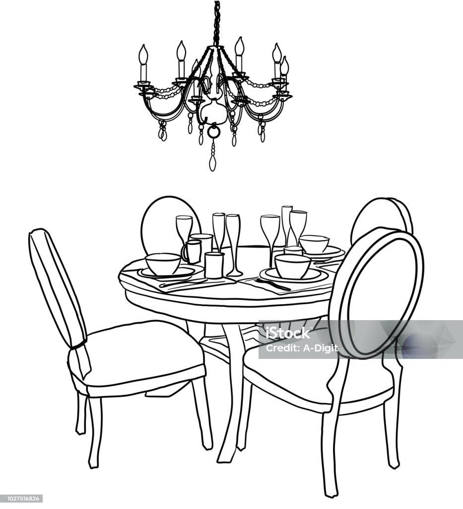 Restaurant Dining Table Doodle Table Is Set Fancy Dining Line Art stock vector