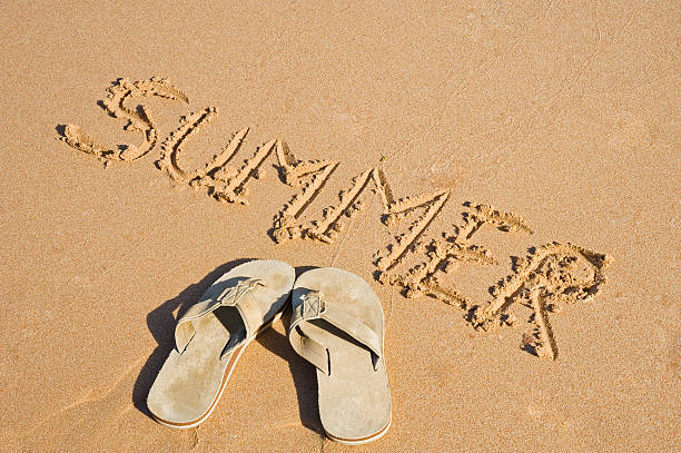 istock Summer writing and sandals on the beach 102752129