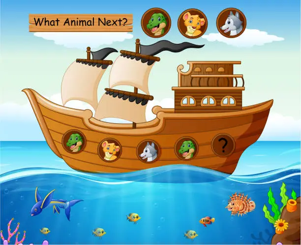 Vector illustration of Wood boat sailing with wild animals theme