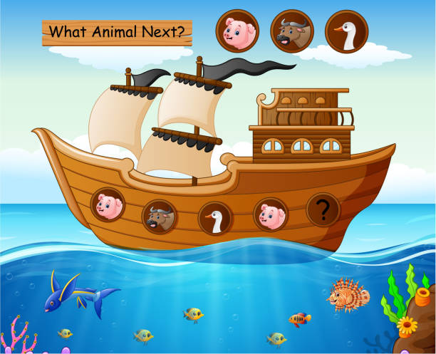 ilustraciones, imágenes clip art, dibujos animados e iconos de stock de barco de madera vela con tema de animales de granja - ark ship cow pig