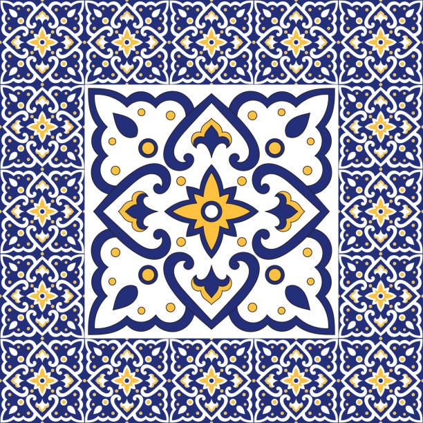 illustrations, cliparts, dessins animés et icônes de espagnol de tuiles modèle vecteur ornements. vintage élément de texture mosaïque barcelone dans le centre avec l’armature de la frontière. fond d’azulejos portugais, majolique de talavera mexicain en céramique, italien de sicile. - tile tiled floor bathroom backgrounds